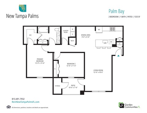 Floor plan for 2 beds, 1 bath, 1333 sqft